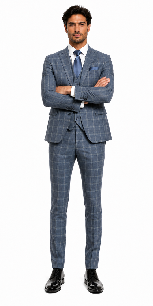 Mens Blue Windowpane Checkered Slim Fit Suit 3 Piece Stretch Business Suit