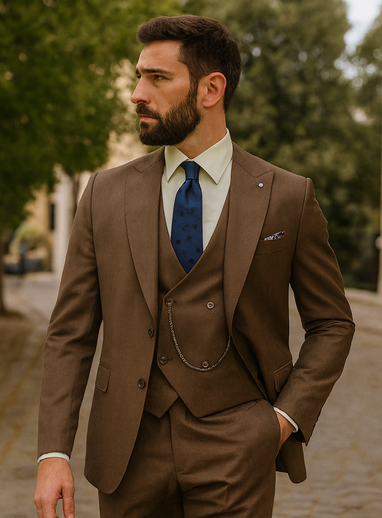 Elegant Brown Wedding Suit for Men – Three-Piece Groom Outfit - 34 Short or Extra Small