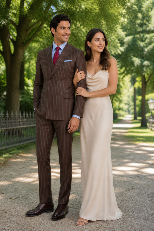 Mens Brown Pinstripe Double-Breasted Suit Classic 6-Button Business and Vintage Style