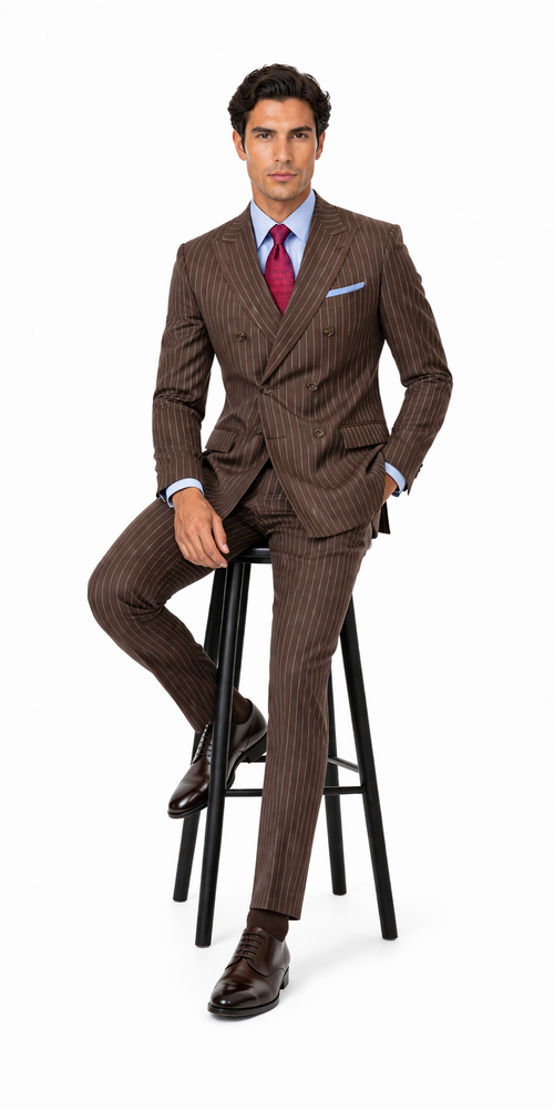 Mens Brown Pinstripe Double-Breasted Suit Classic 6-Button Business and Vintage Style