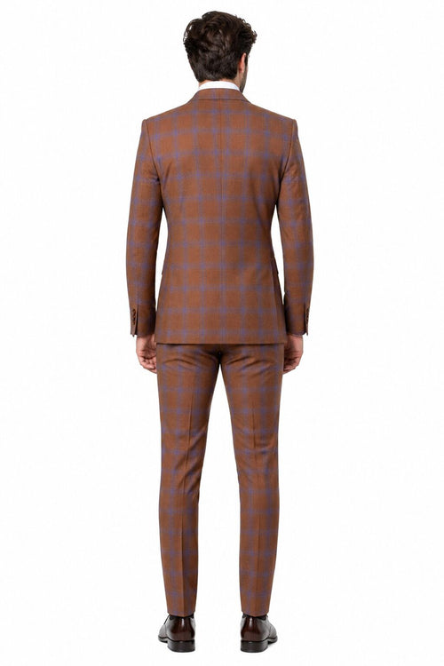 Mens Brown Plaid Double-Breasted Suit Premium 2-Piece Classic Checkered Windowpane Suit by Rossiman