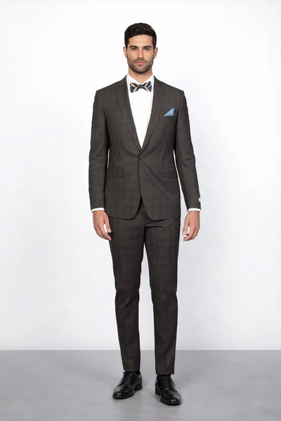 Men's Brown Plaid Slim Fit Suit by Rossiman Rossi Peak Lapel Jacket & Tapered Pants