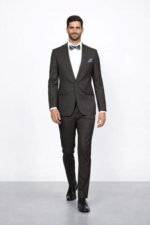 Men's Brown Plaid Slim Fit Suit by Rossiman Rossi Peak Lapel Jacket & Tapered Pants
