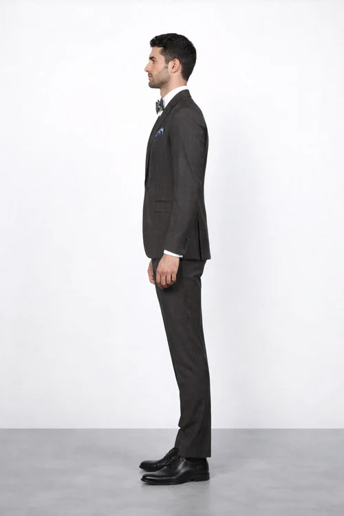Men's Brown Plaid Slim Fit Suit by Rossiman Rossi Peak Lapel Jacket & Tapered Pants