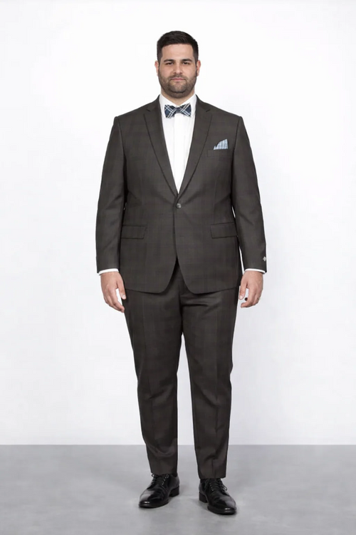 Men's Brown Plaid Slim Fit Suit by Rossiman Rossi Peak Lapel Jacket & Tapered Pants