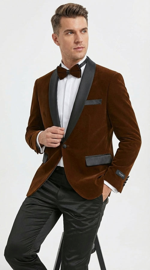 Mens Brown Velvet Tuxedo Jacket β Luxury Black Lapel Velvet Blazer for Wedding, Prom and Formal Events