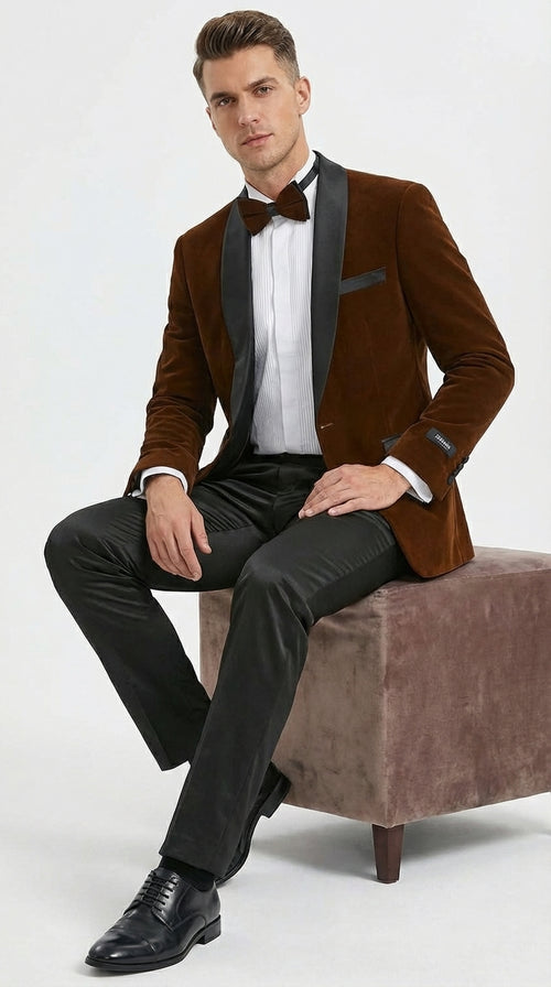 Mens Brown Velvet Tuxedo Jacket β Luxury Black Lapel Velvet Blazer for Wedding, Prom and Formal Events