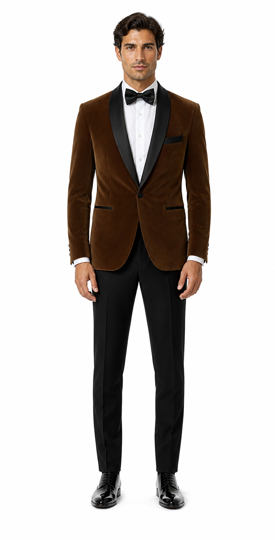 Men's Brown Velvet Smoking Tuxedo With Black Satin Shawl Lapel One Button Formal Suit Jacket 34 Short or Extra Small
