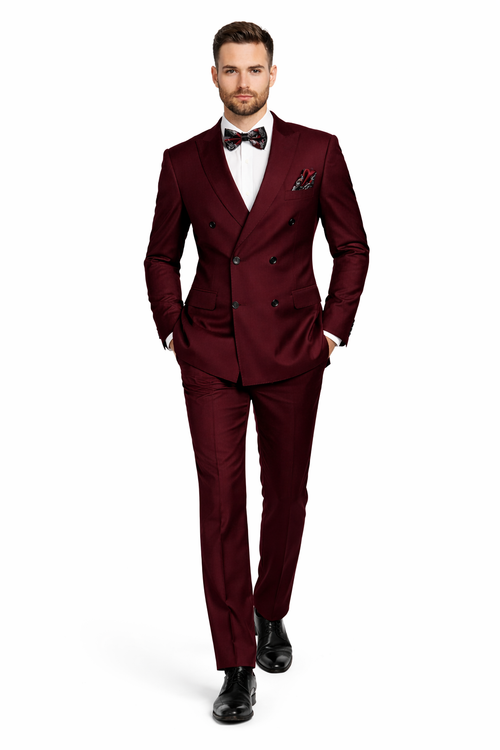 Men's Designer Double Breasted Wool Suit in Burgundy