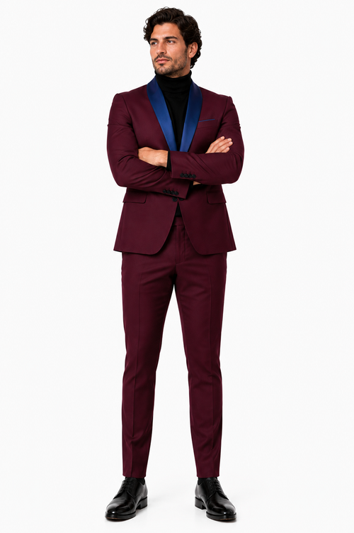 Mens Burgundy Tuxedo Dinner Jacket Blazer with Blue Satin Shawl Lapel Wedding and Party Jacket