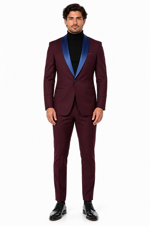 Mens Burgundy Tuxedo Dinner Jacket Blazer with Blue Satin Shawl Lapel Wedding and Party Jacket