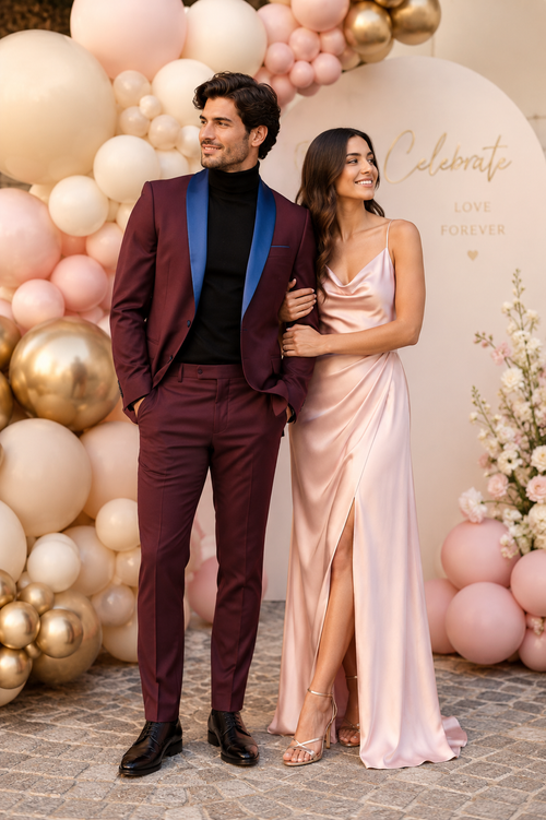 Mens Burgundy Tuxedo Dinner Jacket Blazer with Blue Satin Shawl Lapel Wedding and Party Jacket