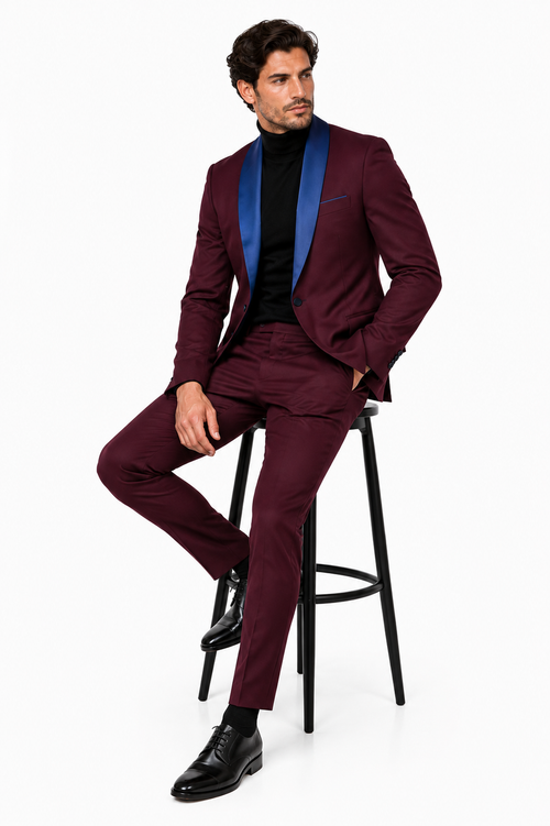 Mens Burgundy Tuxedo Dinner Jacket Blazer with Blue Satin Shawl Lapel Wedding and Party Jacket