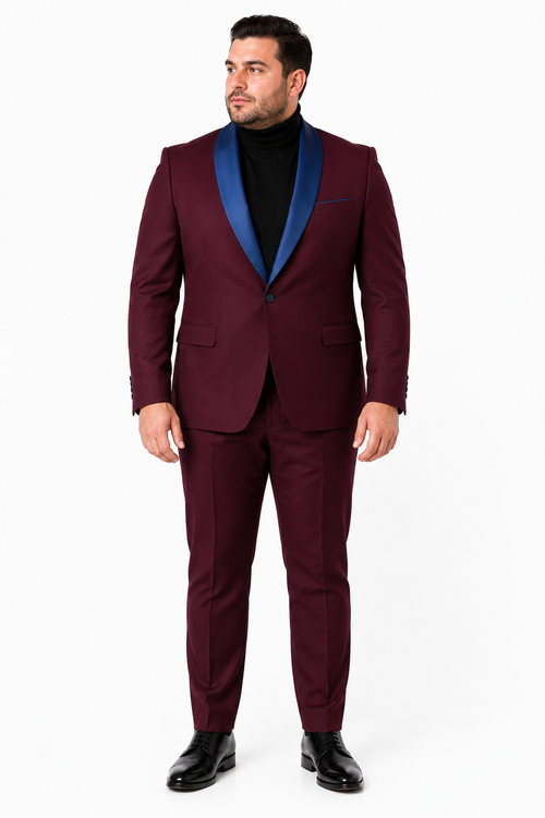 Mens Burgundy Tuxedo Dinner Jacket Blazer with Blue Satin Shawl Lapel Wedding and Party Jacket