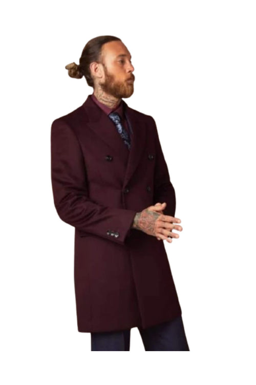Men's Double Breasted Burgundy ~ Wool men's Car Coat Mid Length Three quarter length coat ~ Designer men's Wool Peacoat Sale