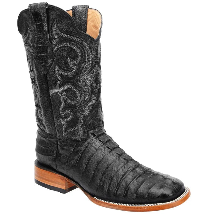 Men's Caiman Tail Print Leather Square Toe Boots - Black - 6
