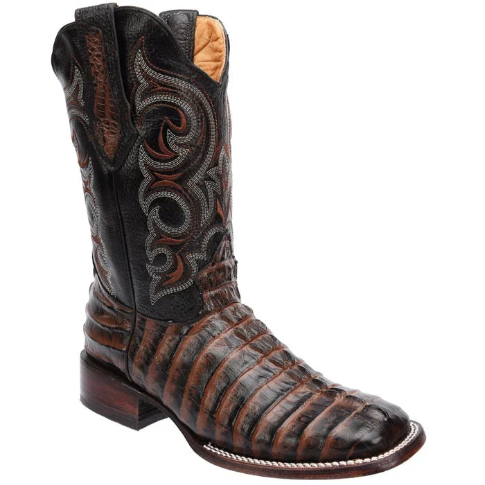 Men's Caiman Tail Print Leather Square Toe Boots - Dark Brown - 6