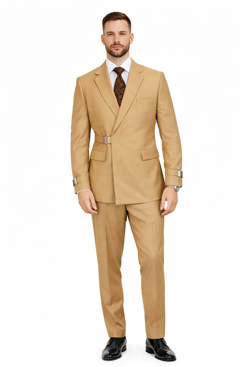 Mens Camel Double Breasted Wool Suit with Metal Buckle Closure
