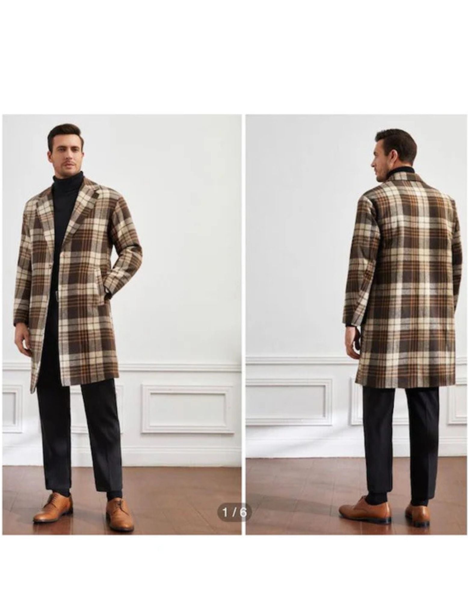 Mens Camel Plaid Overcoat - Hounstooth Checker Pattern Topcoat - Coat Size 38