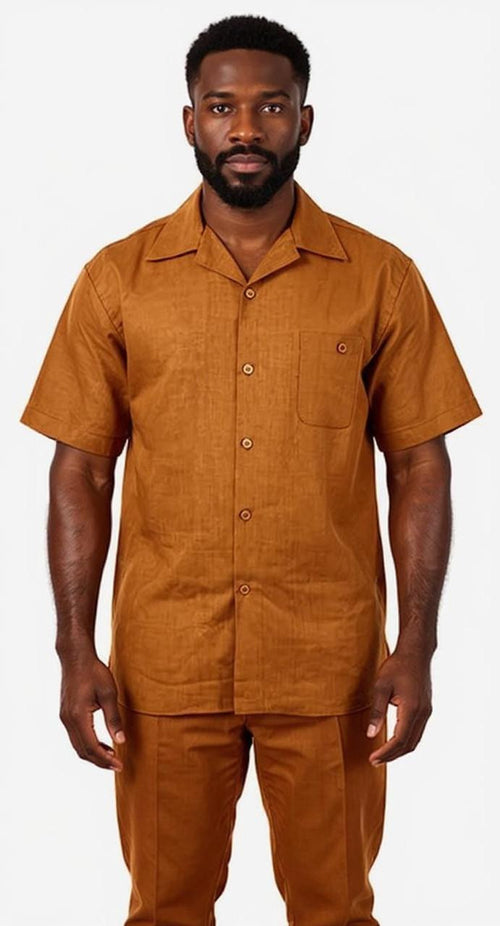 Mens Caramel Brown Linen Walking Suit Pant Suit