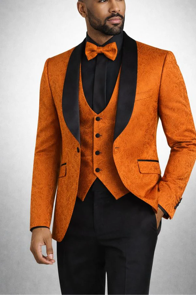 Mens Designer Burnt Orange Floral Brocade Slim Fit Formal Tuxedo
