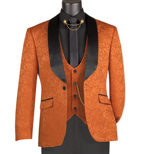 Mens Designer Burnt Orange Floral Brocade Slim Fit Formal Tuxedo
