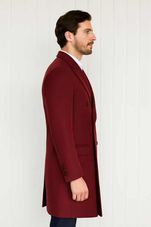 Mens Cashmere Blend Burgundy Coat Full length - Three Quarter Cashmere Overcoat