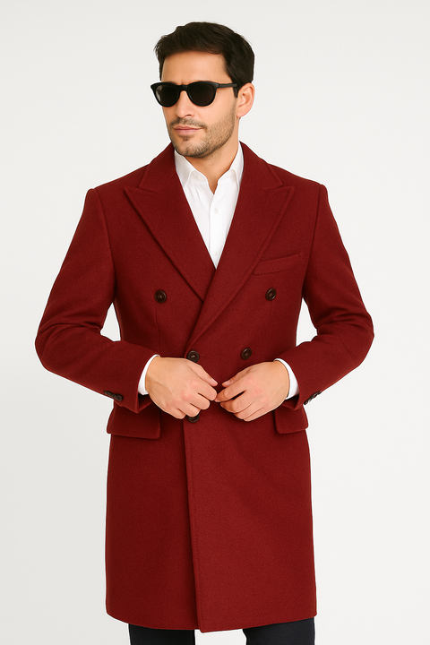 Mens Cashmere Blend Burgundy Coat Full length - Three Quarter Cashmere Overcoat