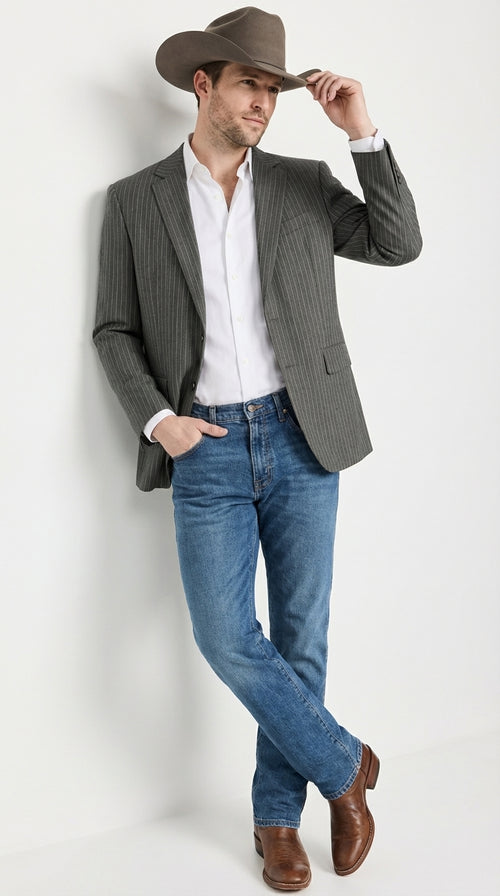 Mens Charcoal Gray Pinstripe Western Blazer β Classic Cowboy Style Jacket for Business, Formal and Smart Casual Wear