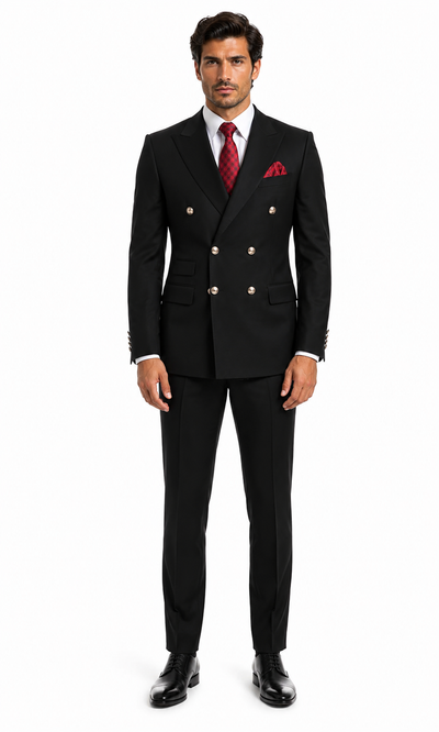 Mens Classic Wool Double Breasted Suit in Black - New Arrival