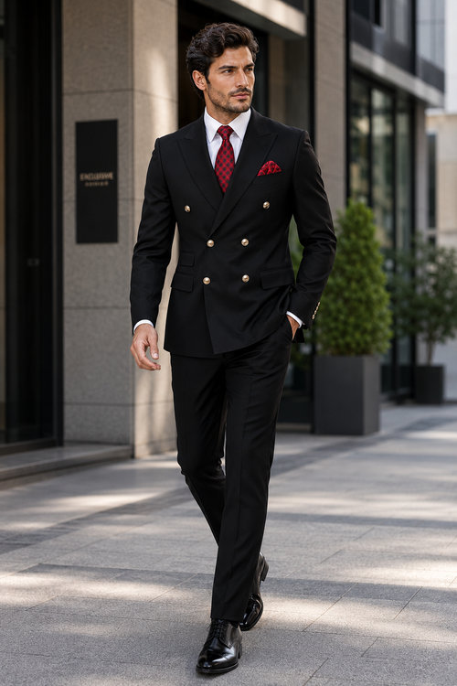 Mens Classic Wool Double Breasted Suit in Black - New Arrival