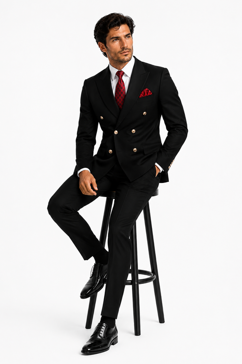 Mens Classic Wool Double Breasted Suit in Black - New Arrival
