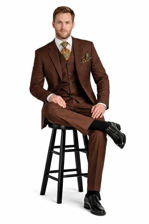 Mens Classic Fit 3 Button Vested Pant Suit in Coco Brown-New Designer Collection