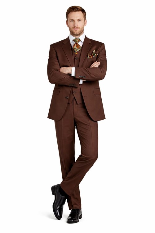 Mens Classic Fit 3 Button Vested Pant Suit in Coco Brown-New Designer Collection