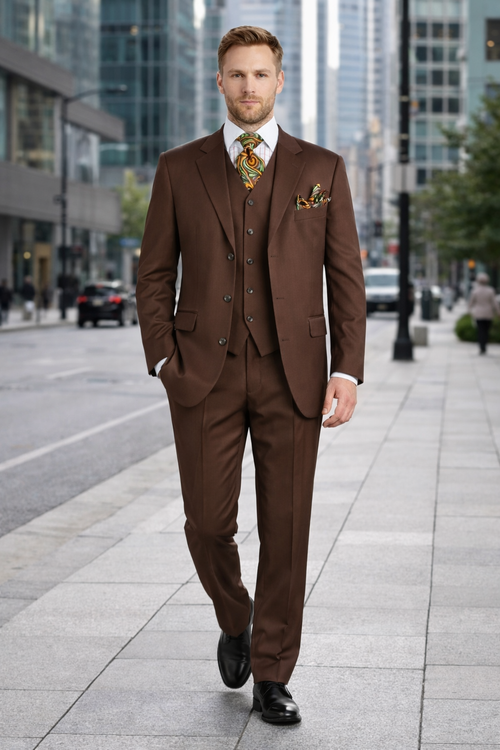 Mens Classic Fit 3 Button Vested Pant Suit in Coco Brown-New Designer Collection