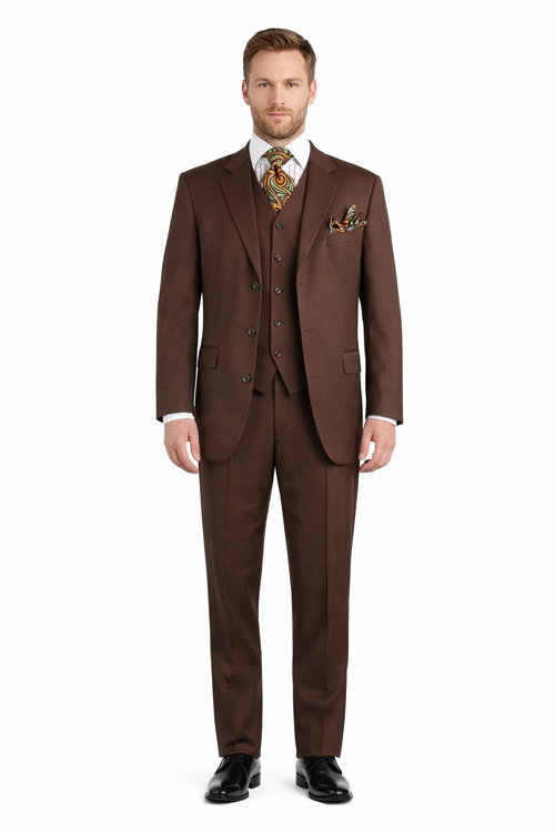 Mens Classic Fit 3 Button Vested Pant Suit in Coco Brown-New Designer Collection