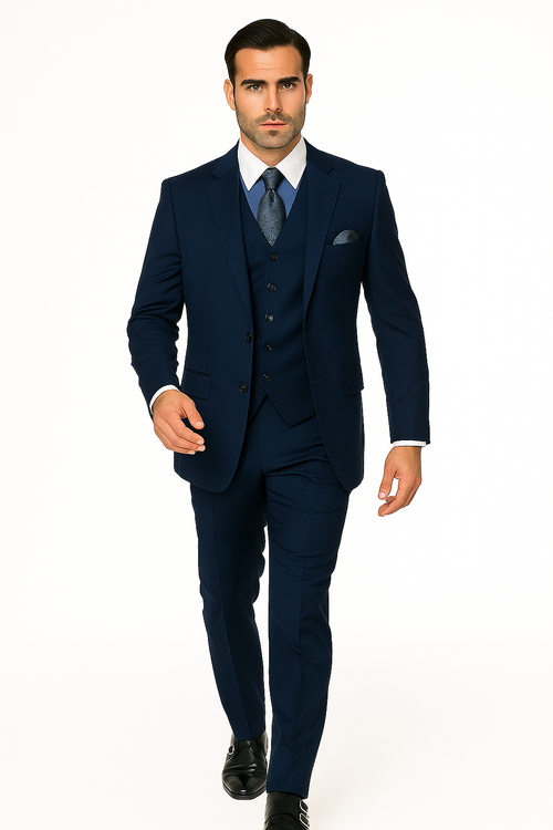 Mens Classic Fit Pleated Pant 2 Button Wool Suit in Indigo Blue - New Arrival