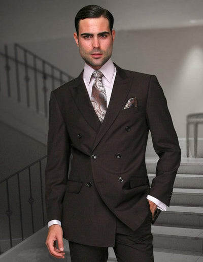 Mens Classic Wool Double Breasted Suit Brown