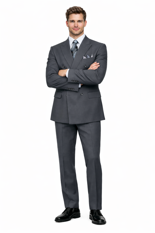 Mens Classic Wool Feel Double Breasted Suit in Heather Grey