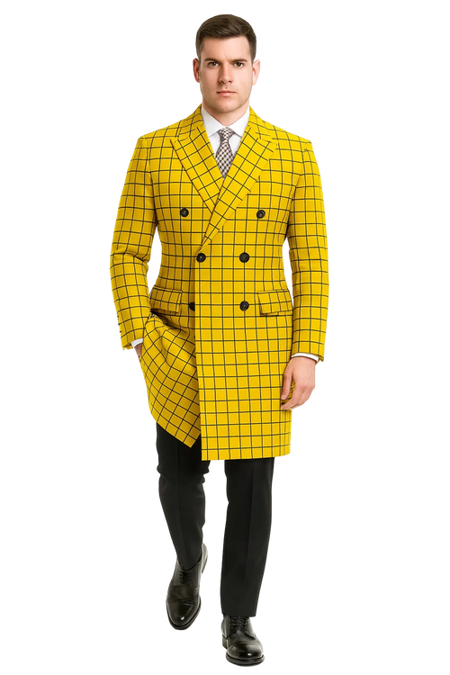 Mens Plaid Overcoat - Wool Peacoat - Plaid Topcoats Yellow