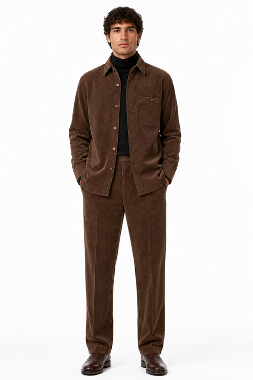 Men's Corduroy Shirt and Pants Walking Suit in Winter Cotton Fabric Casual in Color Brown leisure Style