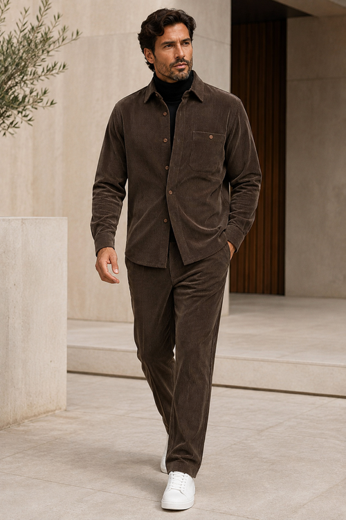 Mens Corduroy Shirt and Pants Walking Suit in Winter Cotton Fabric Casual in Color Mocha Choclate brown leisure Style