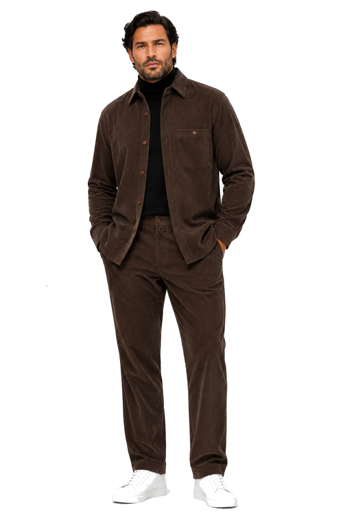 Mens Corduroy Shirt and Pants Walking Suit in Winter Cotton Fabric Casual in Color Mocha Choclate brown leisure Style
