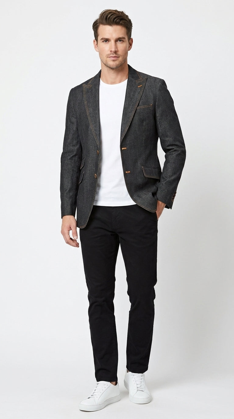 Mens Denim Cotton Blazer with Black β Smart Casual Jacket Outfit