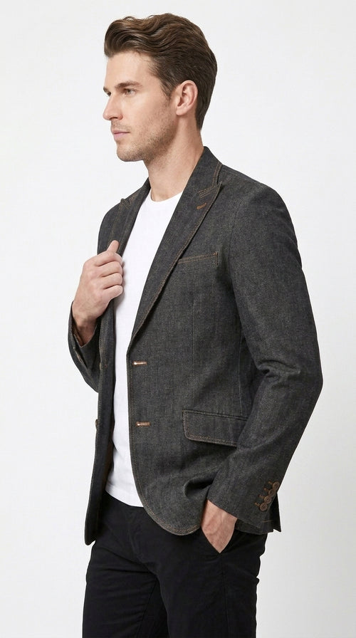 Mens Denim Cotton Blazer with Black β Smart Casual Jacket Outfit