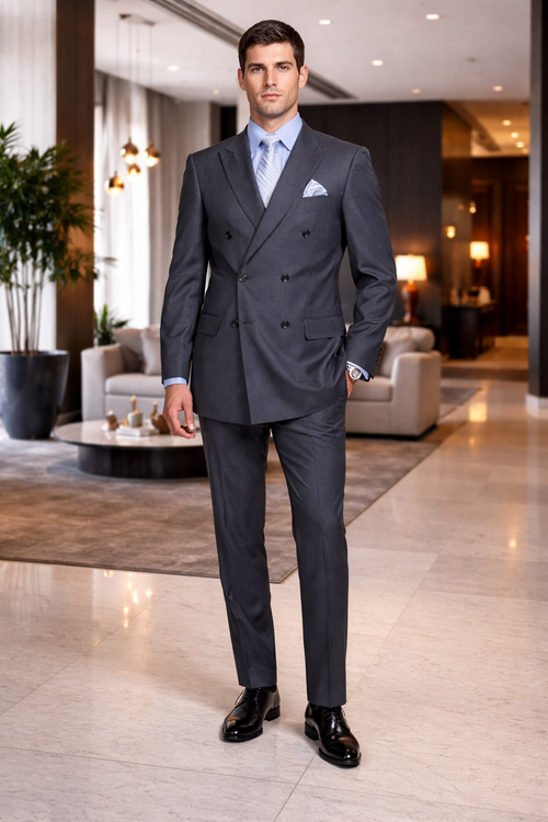 Men's Designer Double Breasted Wool Suit in Charcoal Grey