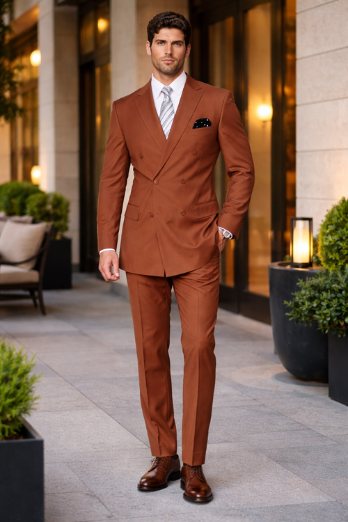 Men's Designer Double Breasted Wool Suit in Copper