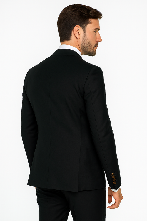 Mens Designer Double Breasted Wool Suit with Gold Buttons in Navy - New Arrival