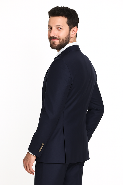 Mens Designer Double Breasted Wool Suit with Gold Buttons in Navy - New Arrival