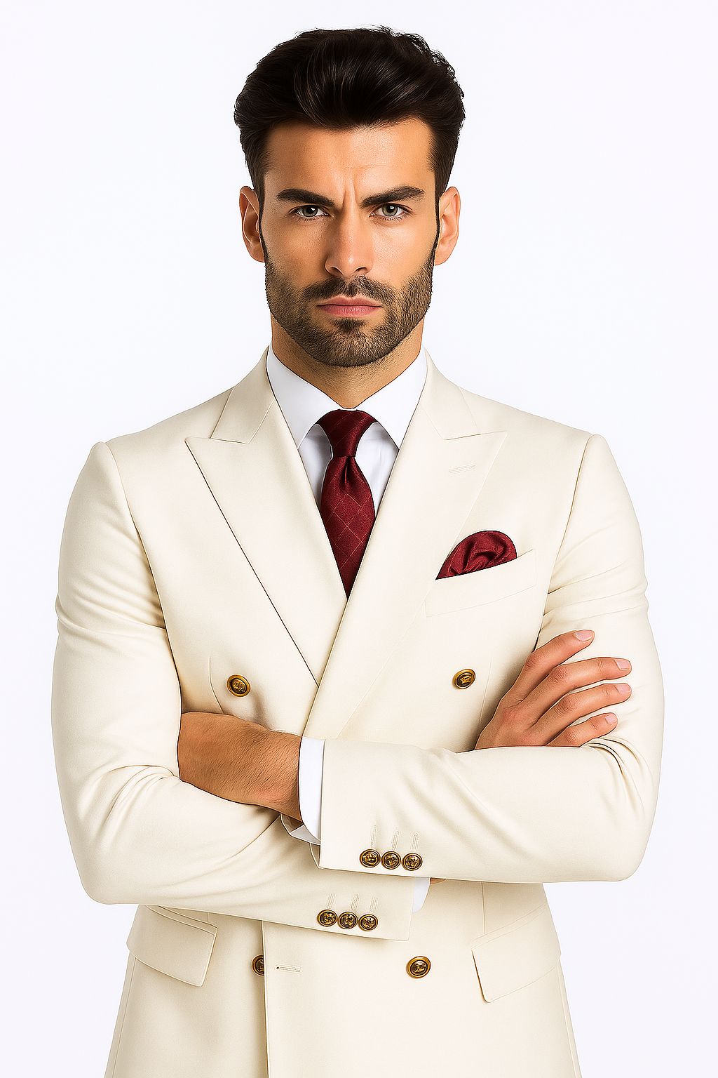 Mens Designer Modern Fit Double Breasted Wool Suit with Gold Buttons in White - New Arrival - 38 Short Jacket+32 Waist Adjustable 28to34)(Height: 5 4 to5 7 )(Neck 15-16.5)S-M)